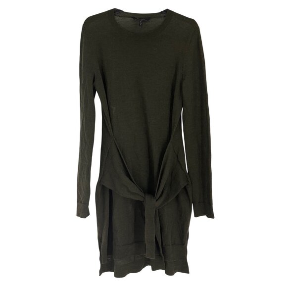 BCBGMaxAzria Olive Green Long-Sleeve Merino Wool Tie-Waist Sweater Dress M - Picture 1 of 9